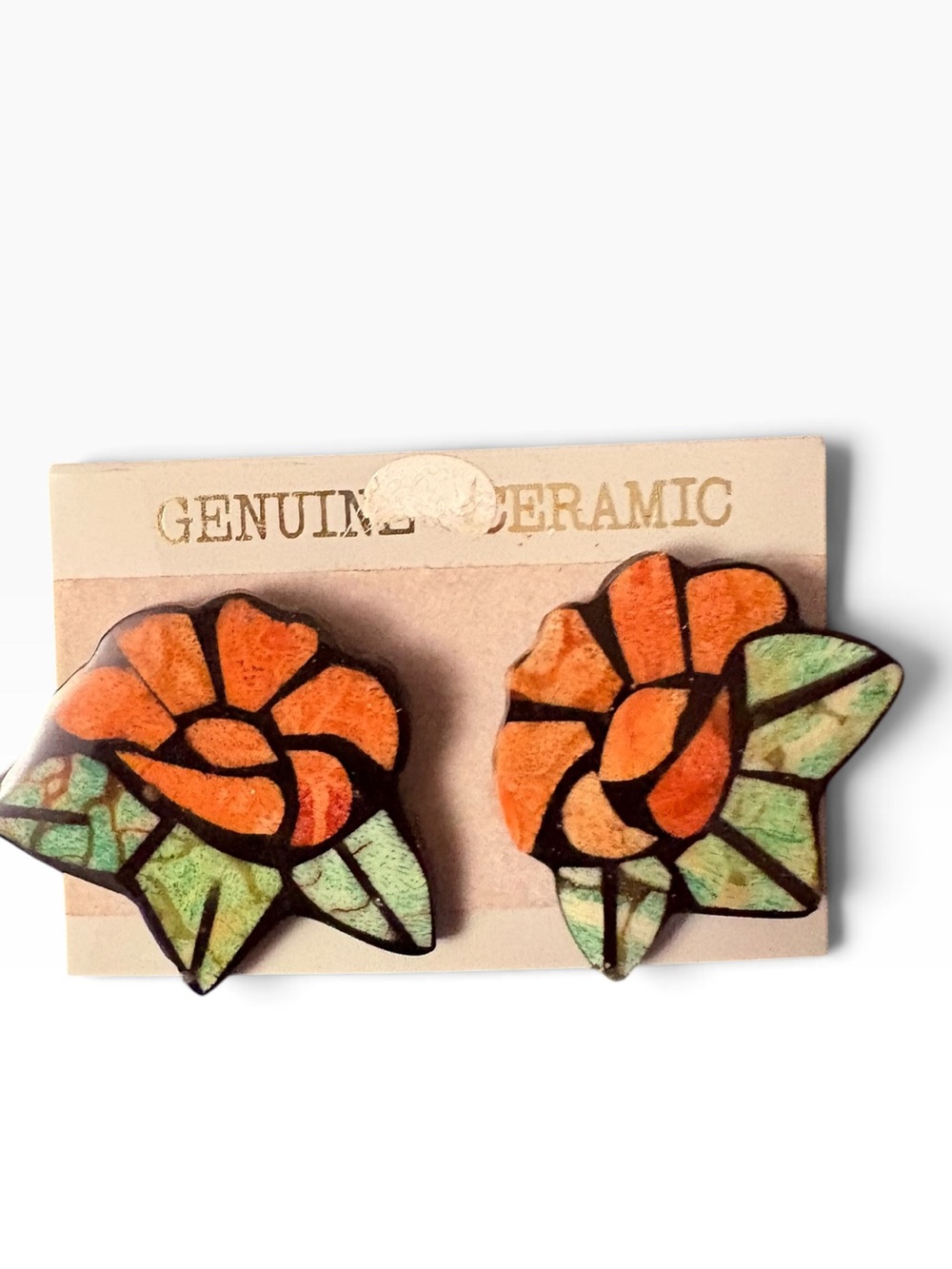 VTG Genuine Ceramic Orange Flower Statement Stud Earrings Retro Stained Glass